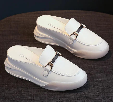 Women's Leather White Platform Sandals - Baotou Style