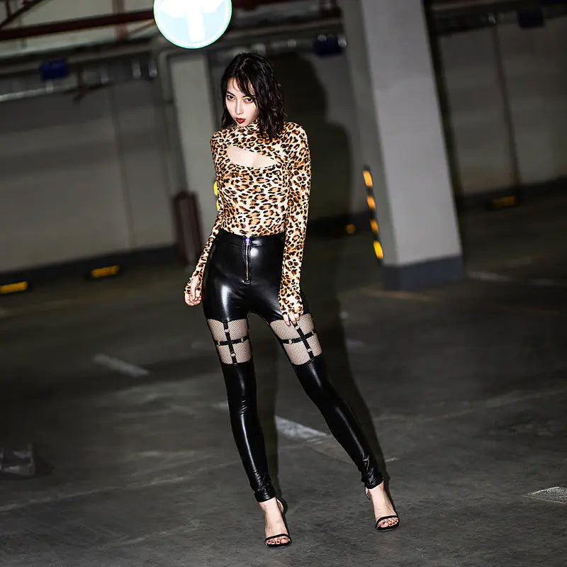 High Elasticity PU Leather Pants with Mesh Straps for Women