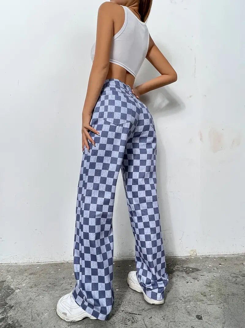 Colorblock Plaid High Waist Wide Leg Denim Jeans