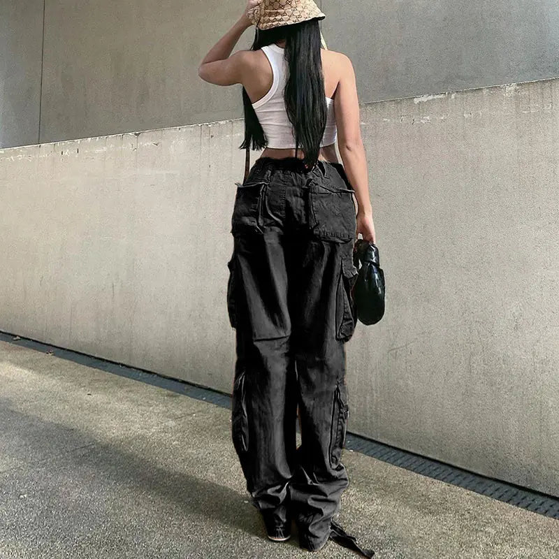 Black Wide Leg Cargo Pants for Women's Vintage Style