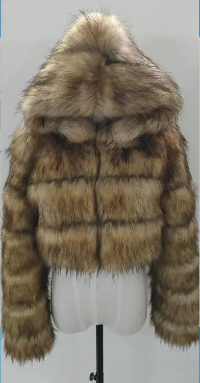 Short Hooded Faux Fur Jacket for Women