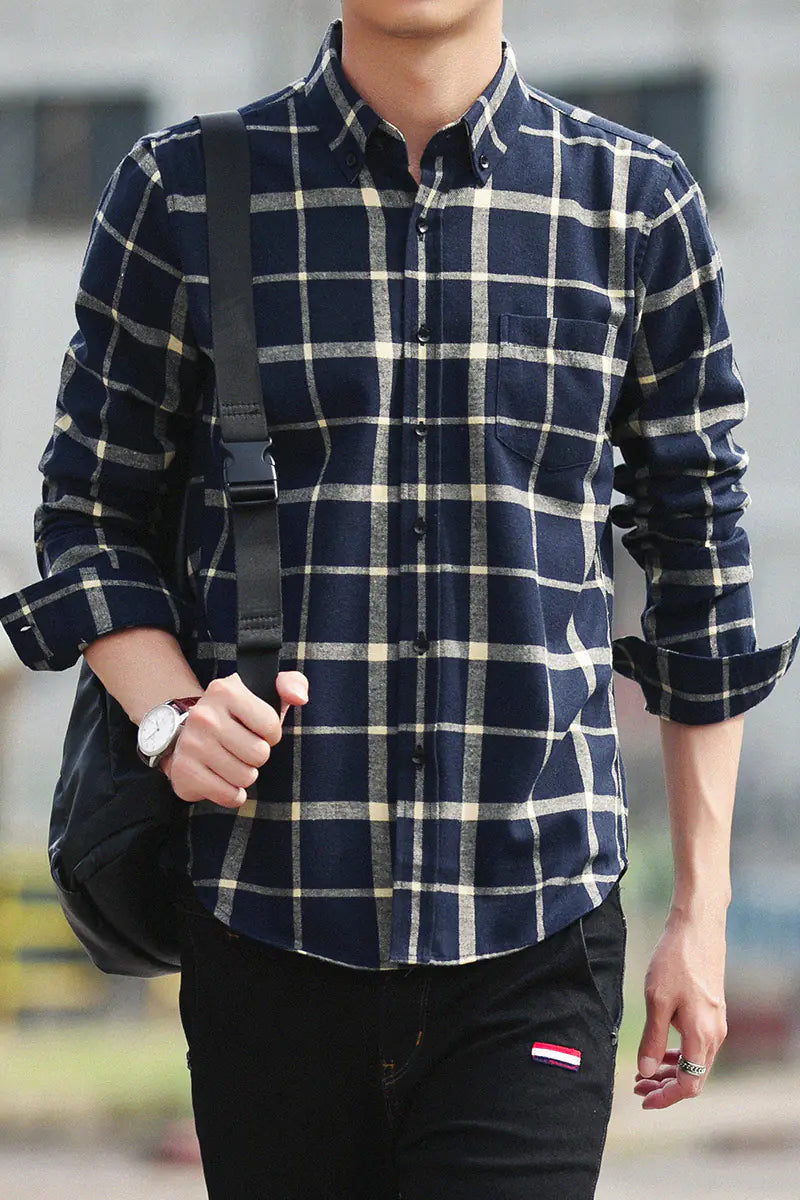 Men's Casual Slim Fit Cotton Plaid Long Sleeve Shirt