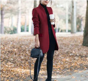 Solid Color Wool Blend Stand Collar Coat