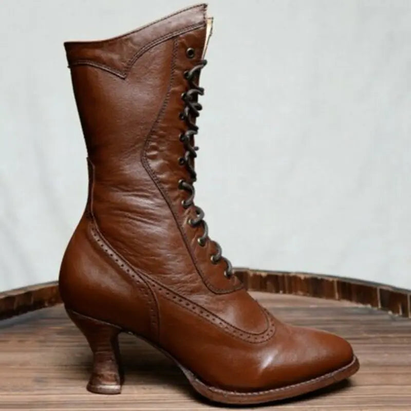 British Style Mid-Heel Women's Lace-Up Ankle Boots