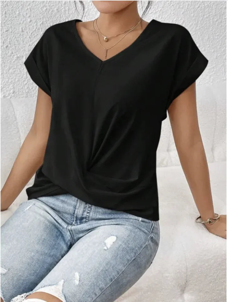 Damen V-Ausschnitt unregelmäßig geknotetes Kurzarm-T-Shirt