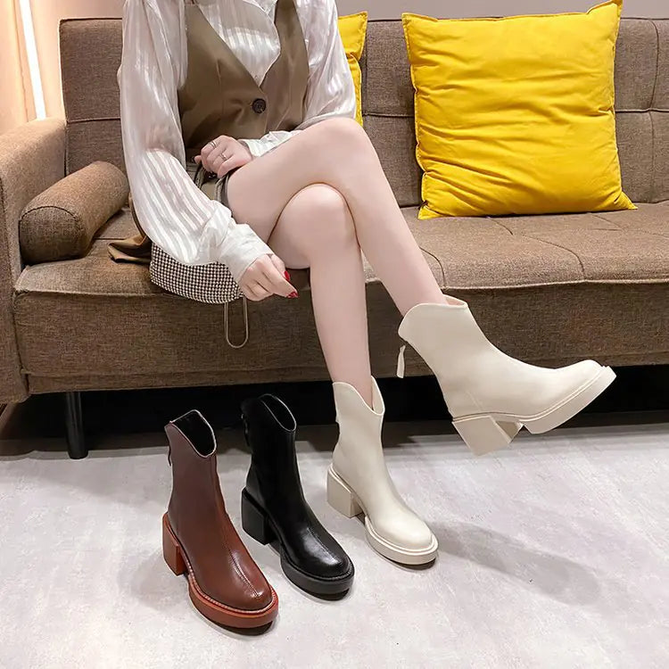 British Style Thick-soled Zipper Chimney Boots