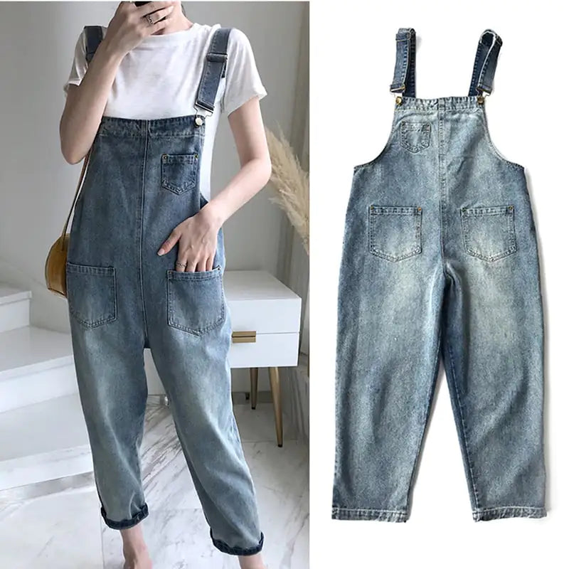 Vintage Loose Cropped Denim Strap Pants for Women