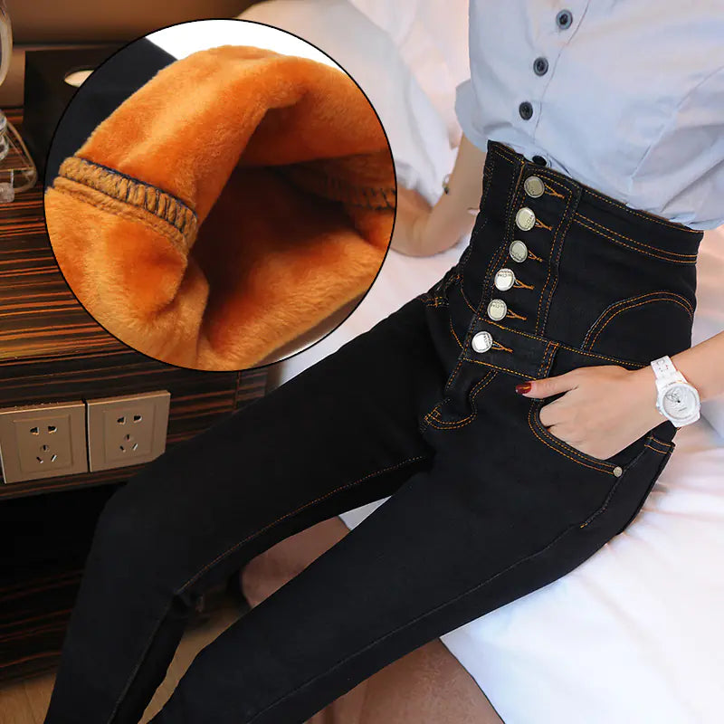 Warm Thickened Denim Pencil Pants for Women