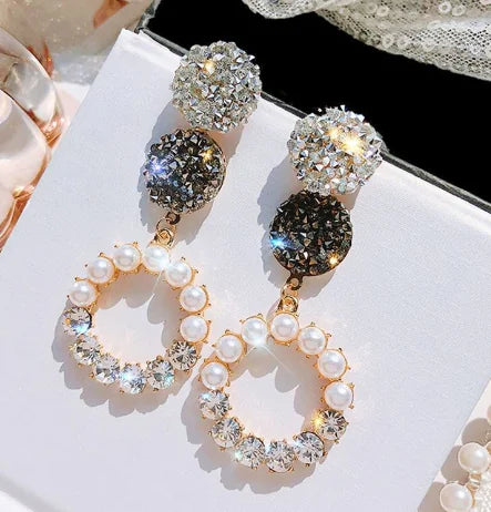 Round Earrings, Long Earrings, Rhinestone Pearl Earrings