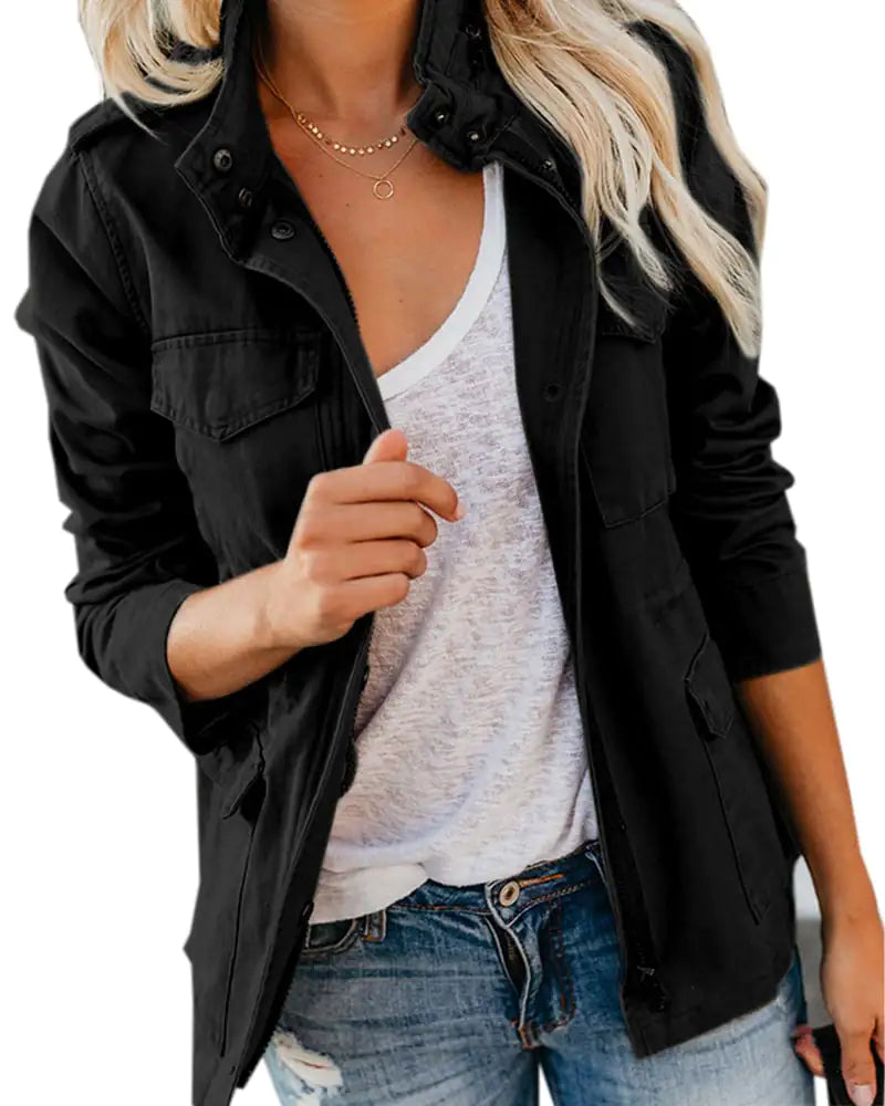 Solid Color Lapel Zipper Short Jacket for Women