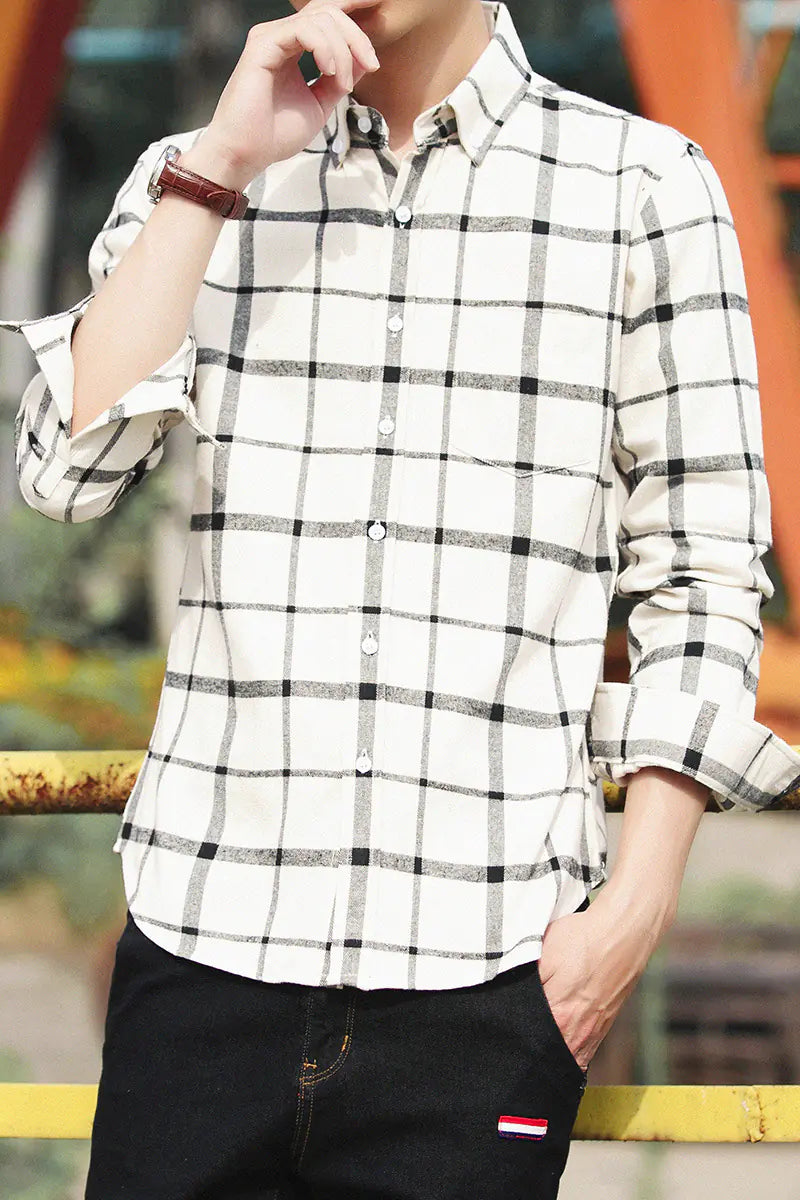Men's Casual Slim Fit Cotton Plaid Long Sleeve Shirt