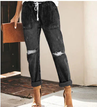 Women's Ripped Distressed Straight Leg Denim Pants