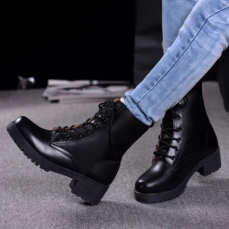 New Women's Genuine Leather Chunky Heel Ankle Boots