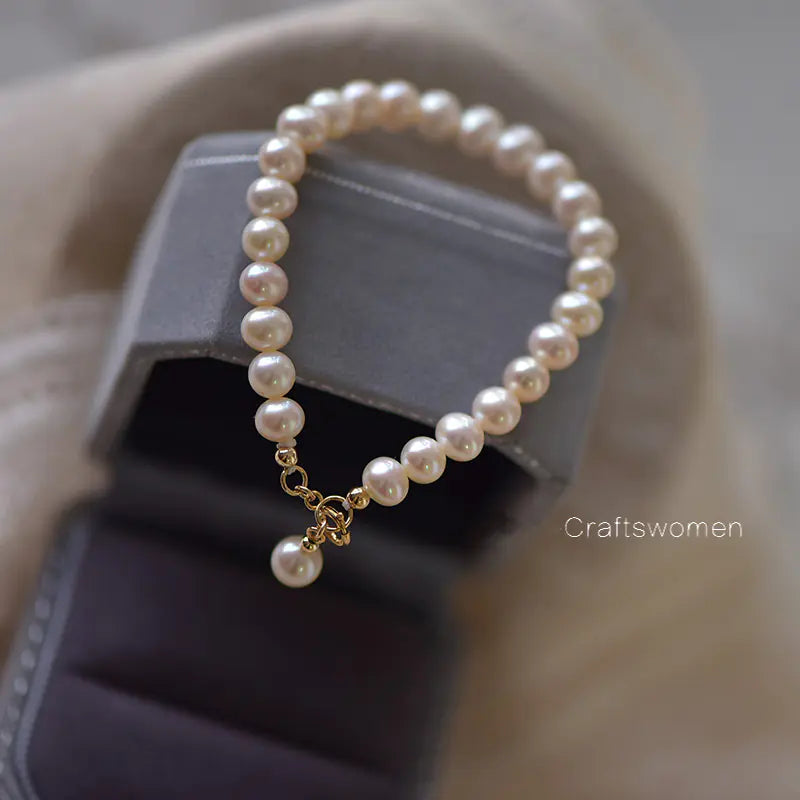 14K Gold-Plated Natural Pearl Bracelet with Bulb Charm