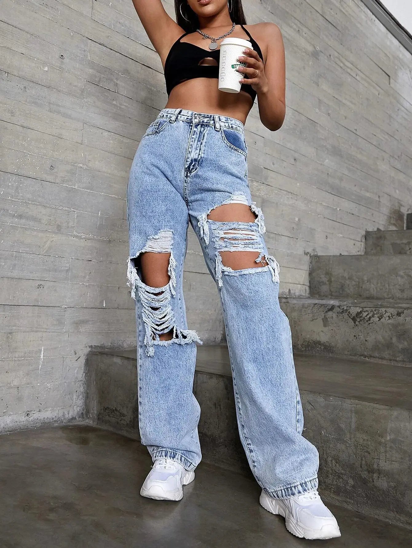 High Rise Distressed Boyfriend Wide Leg Denim Jeans