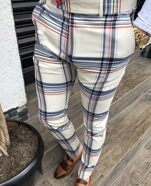 Men's Casual Plaid Print Slim Trousers