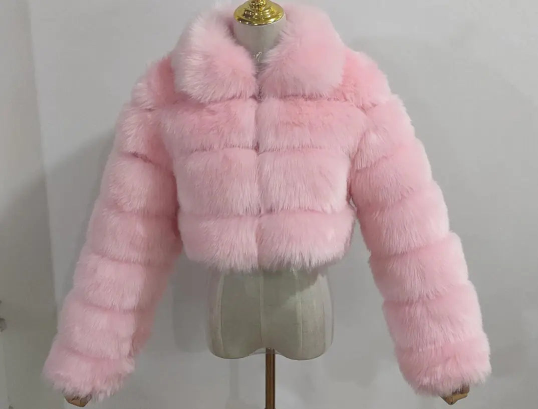 Faux Fur Women's Short Jacket with Lapel and Long Sleeves