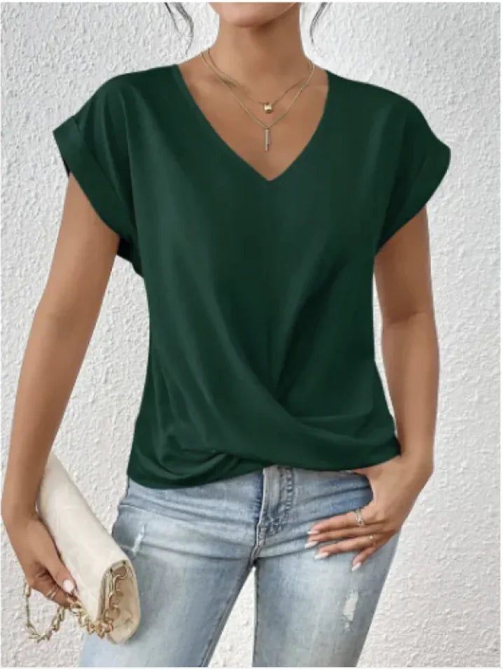 Damen V-Ausschnitt unregelmäßig geknotetes Kurzarm-T-Shirt