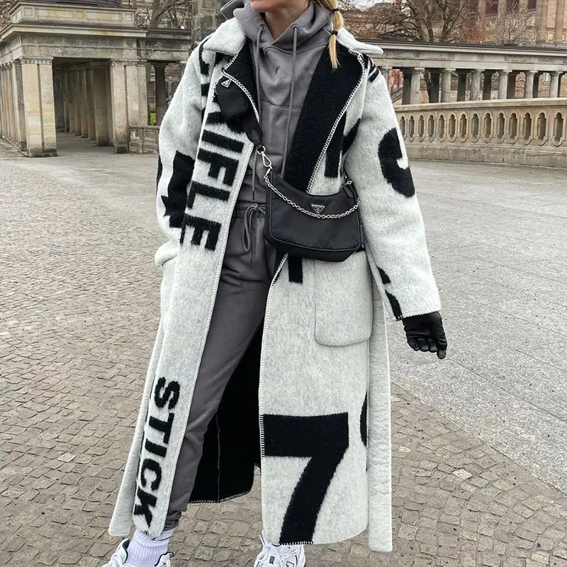 Loose Long Printed Woolen Coat for Women