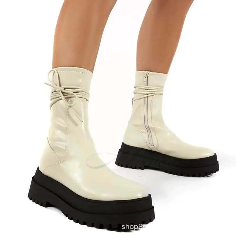 Damenstiefel mit runder Zehenpartie aus PU im britischen Stil zum Schnüren