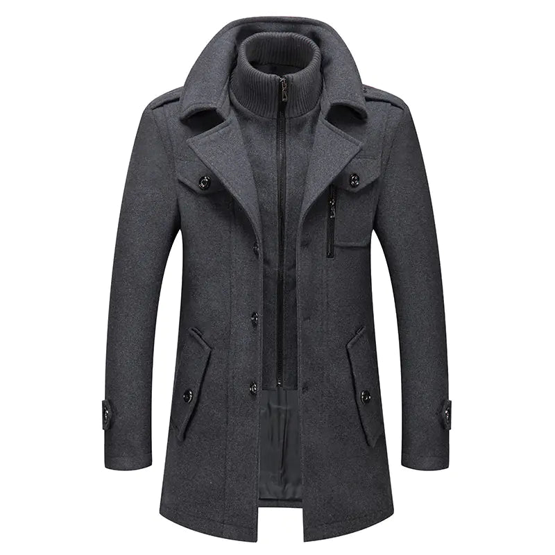 Men's Woolen Coat - Double Collar Mid-Length Jacket