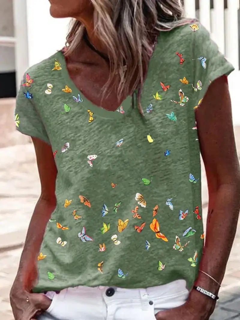 Ladies' Printed V-neck Short-sleeve T-shirt