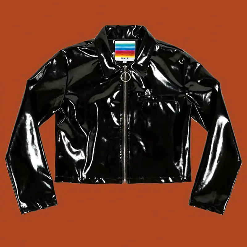 Retro Short Black Patent Leather Jacket for Women