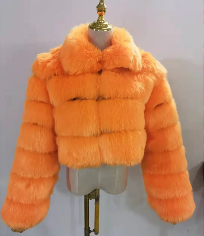 Faux Fur Women's Short Jacket with Lapel and Long Sleeves