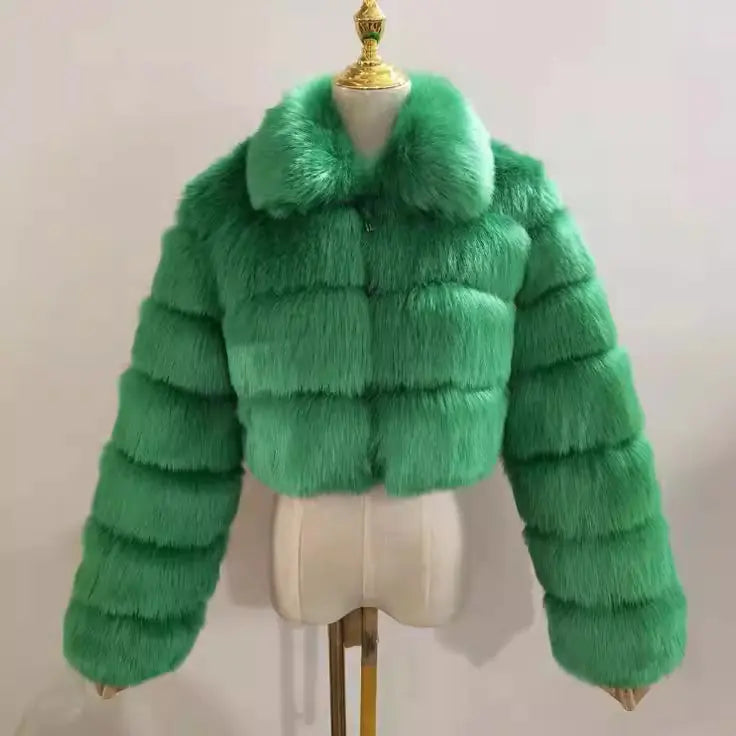 Faux Fur Women's Short Jacket with Lapel and Long Sleeves