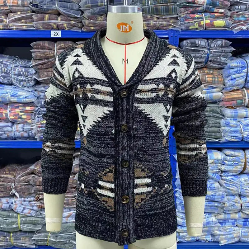 Wool Jacquard Long Sleeved Cardigan Sweater Coat