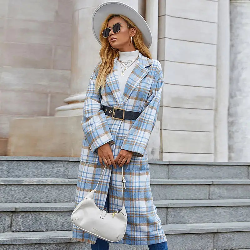 Loose Blue and White Plaid Woolen Long Coat
