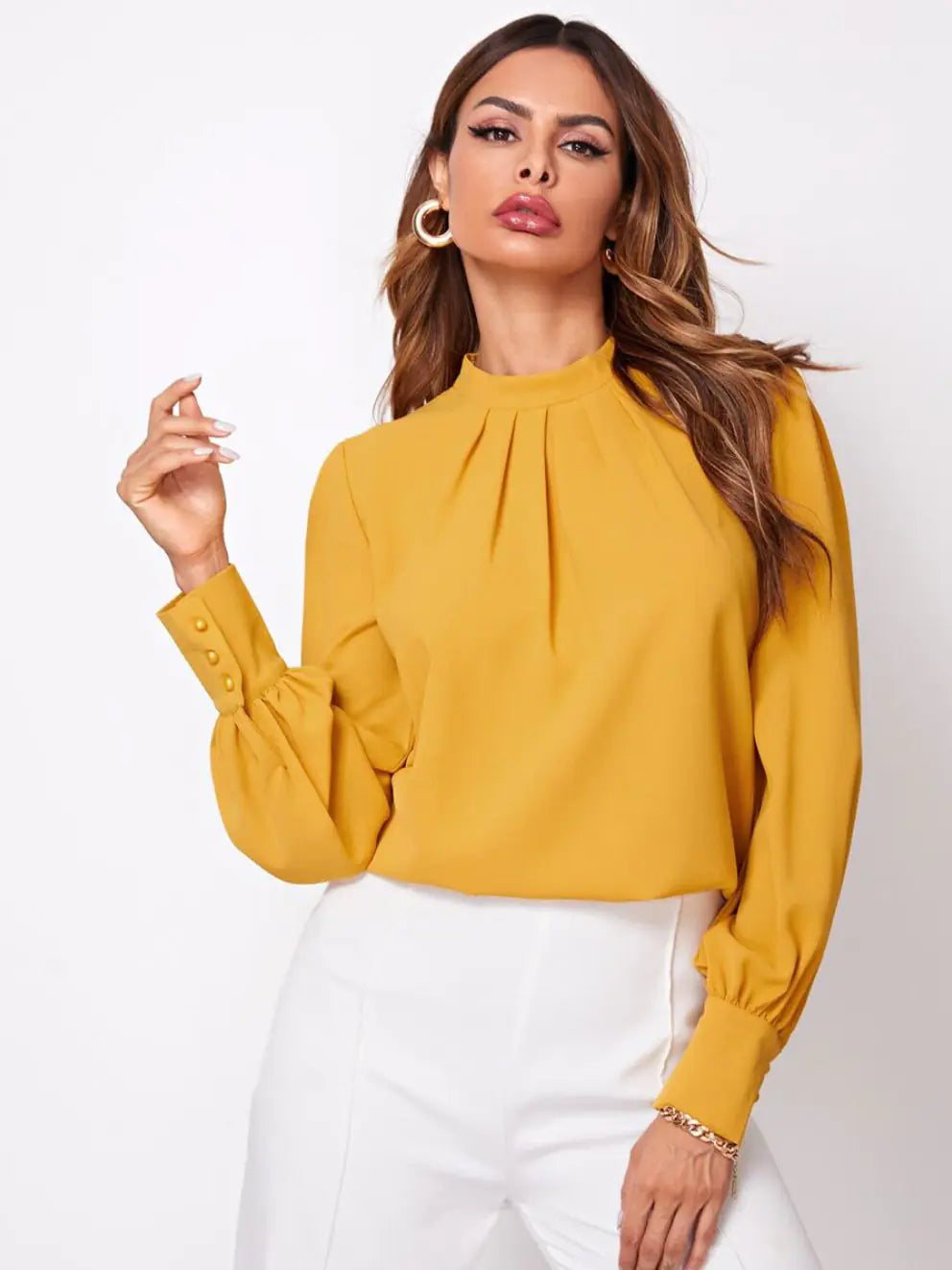 Pleated Stand Collar Chiffon Shirt for Women