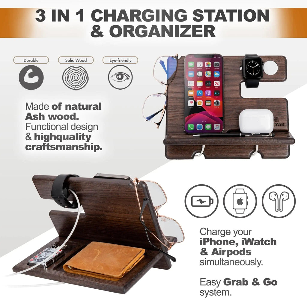 Wood Phone Docking Station Wallet Stand Watch Organizer Minimalist Style for Men