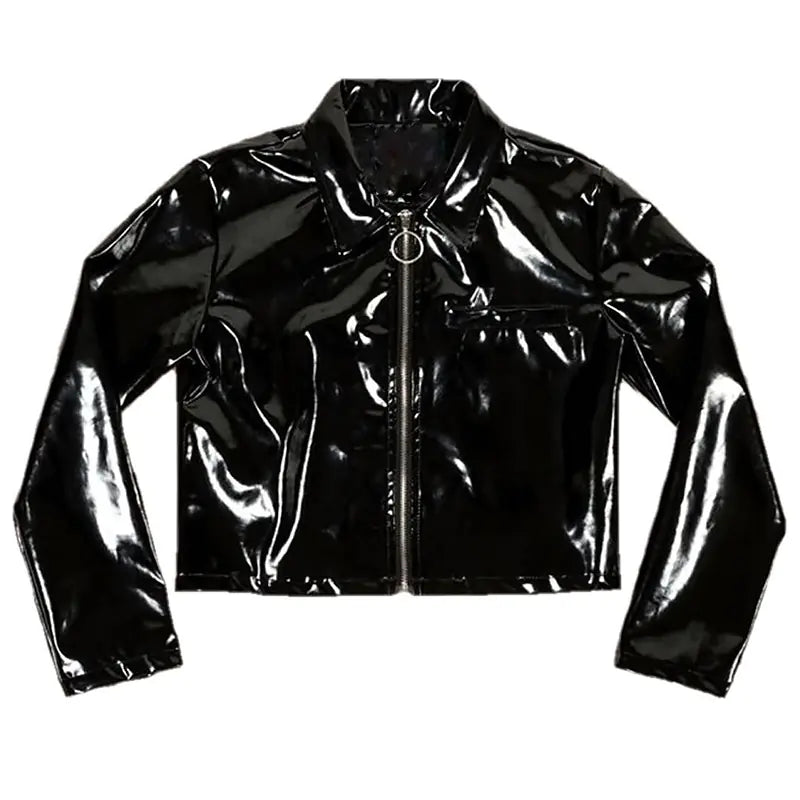 Retro Short Black Patent Leather Jacket for Women