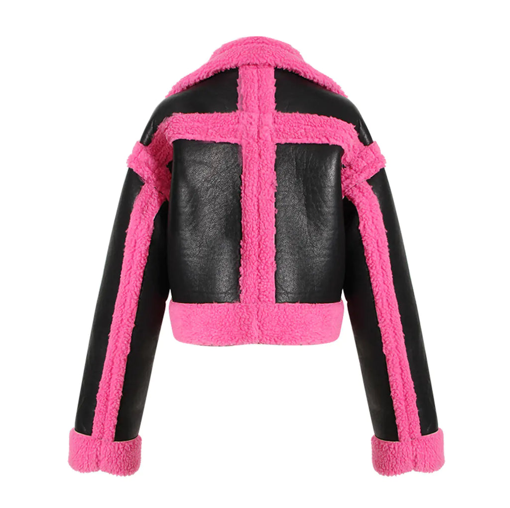 2023 New Pink Contrast Faux Fur Biker Jacket