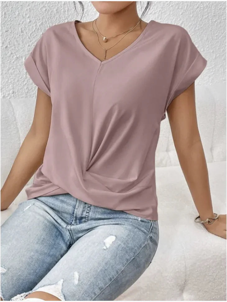 Damen V-Ausschnitt unregelmäßig geknotetes Kurzarm-T-Shirt