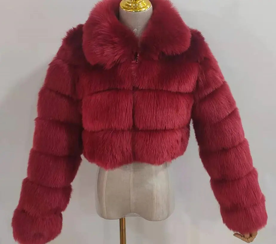 Faux Fur Women's Short Jacket with Lapel and Long Sleeves