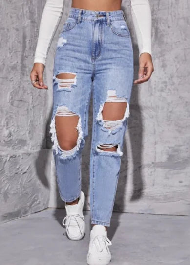 Wide Leg Distressed High Waist Women's Denim Jeans