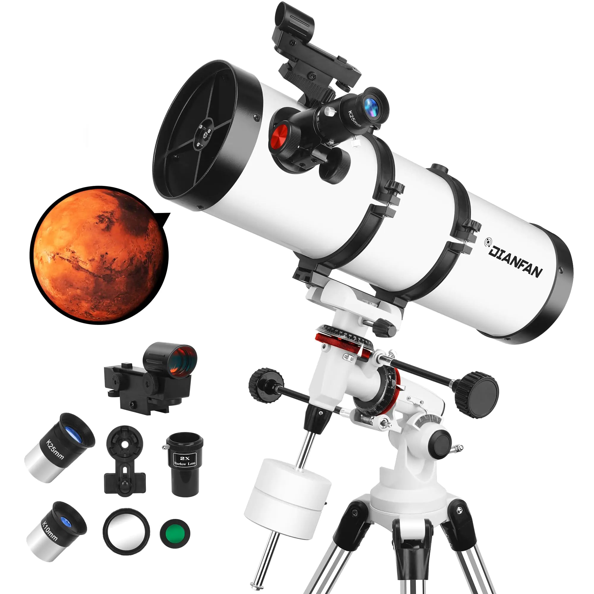 Telescopio 150EQ Telescopios reflectores astronómicos para adultos Telescopio ecuatorial manual profesional para niños y principiantes. Incluye lente Barlow 2X, adaptador de teléfono, trípode de acero inoxidable y filtro lunar
