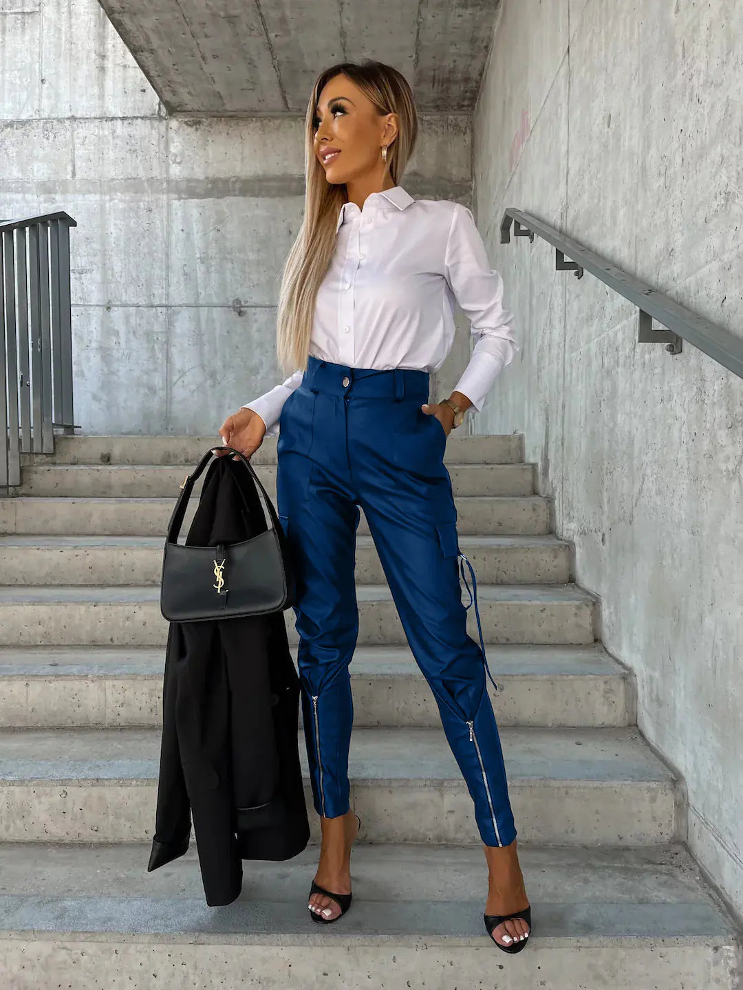 Slim PU Leather Waist Skinny Trousers with Pockets