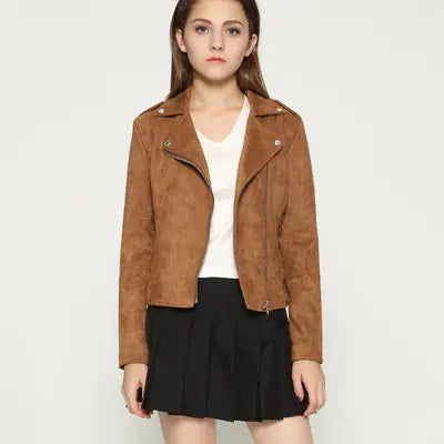 Short Women's Suede Jacket with Asymmetrical Zipper