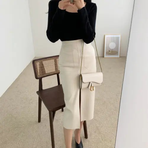 Mid-Length High Waist PU Leather Split Skirt