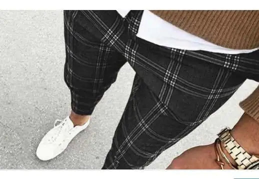 Solid Color Men's Plaid Casual Trousers