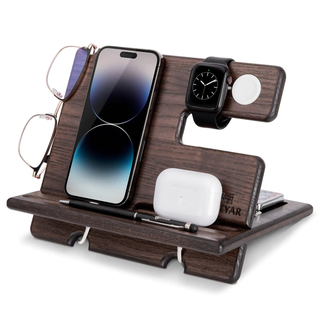 Wood Phone Docking Station Wallet Stand Watch Organizer Minimalist Style for Men
