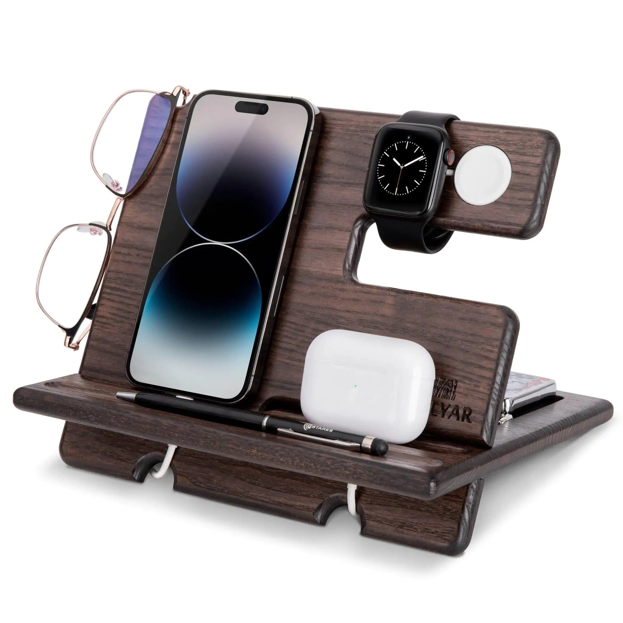 Wood Phone Docking Station Wallet Stand Watch Organizer Minimalist Style for Men
