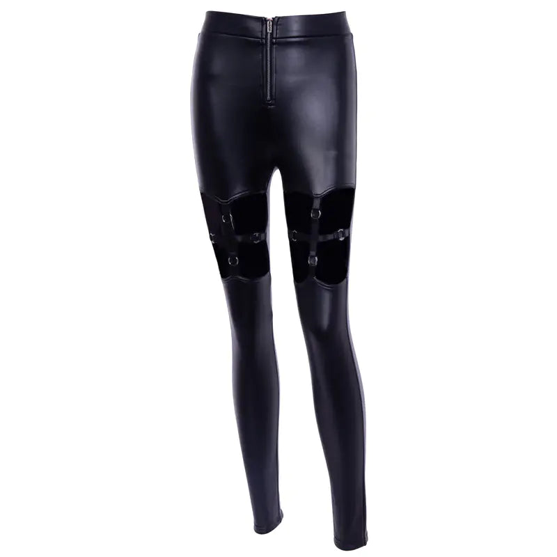 High Elasticity PU Leather Pants with Mesh Straps for Women