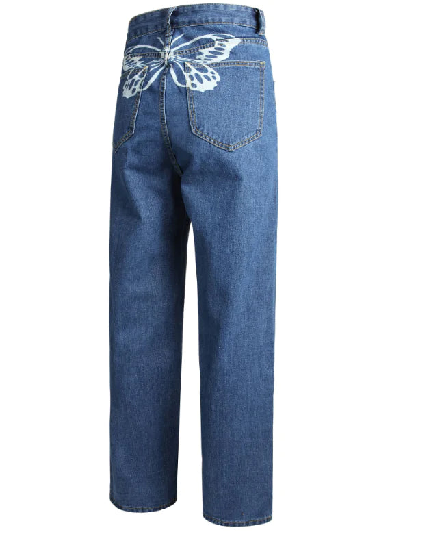 Butterfly Print High Waist Wide Leg Denim Jeans