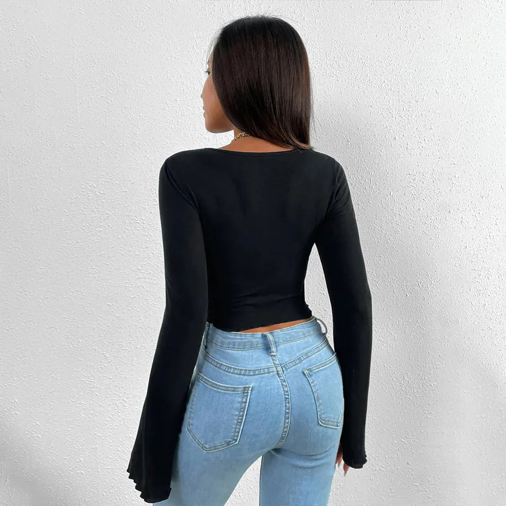 Irregular Knitted V-neck Long-sleeve Women's T-shirt