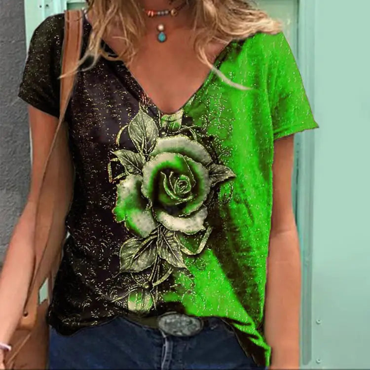 Summer V-neck 3D Rose Short-Sleeve Loose T-Shirt