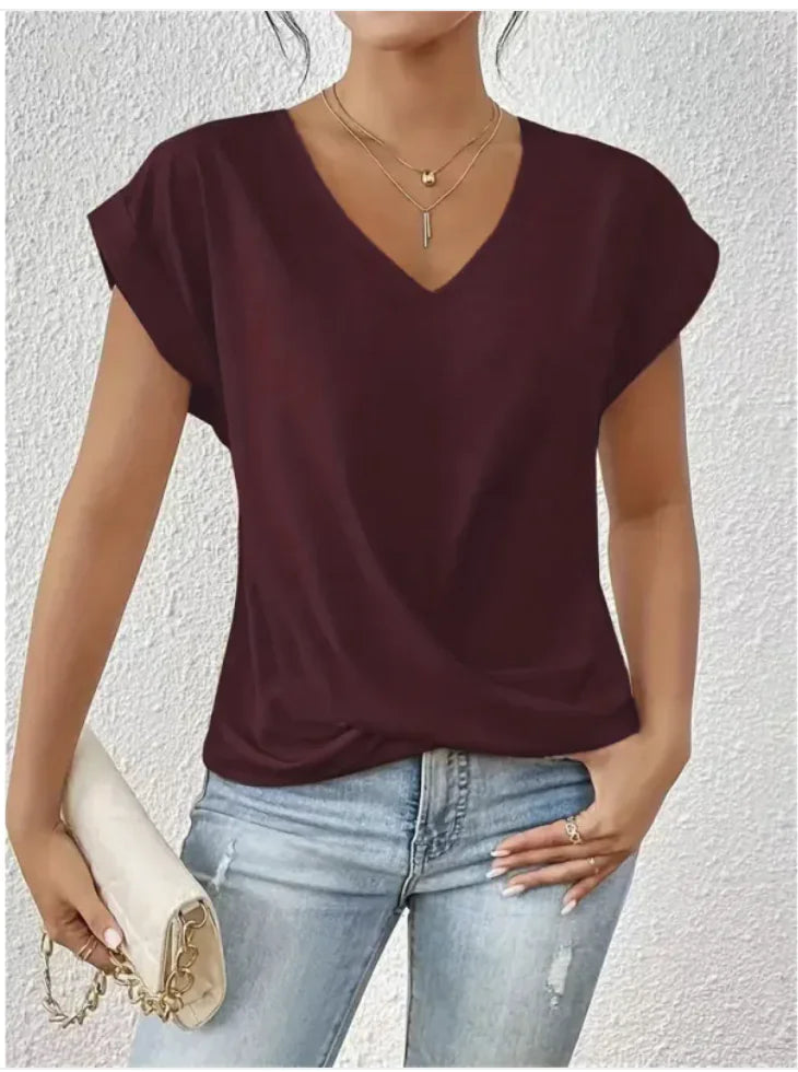 Damen V-Ausschnitt unregelmäßig geknotetes Kurzarm-T-Shirt